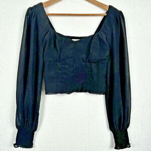 ABERCROMBIE & FITCH Black Baby Doll Cropped Smocked‎ Sheer Sleeves Fairy Goth S